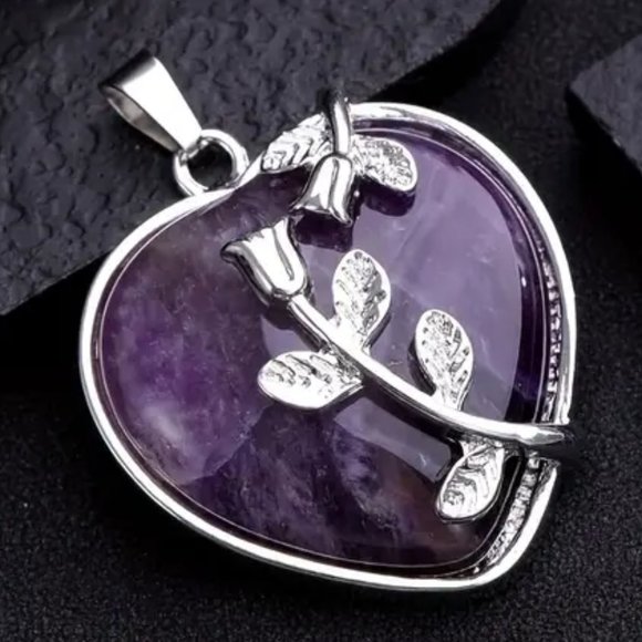 Jewelry - Amethyst Natural Gemstone Flower Heart Pendant Necklace Healing Gemstone